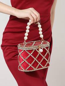 Fashionable Elegant Party Evening Diamond Metal Handbag - Red - View 2