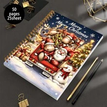 A5 Notebook Featuring A Holiday Design With Santa Claus And Reindeer, Designed With Reindeer Red Vintage Truck Winter, 25 Sheets (50 Pages) Perfect For Holiday Gifts, Notes, And Guides, Adorned With A Charming Snowy Village Motif - Rectangle - View 1