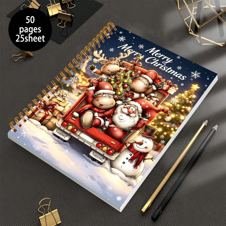A5 Notebook Featuring A Holiday Design With Santa Claus And Reindeer, Designed With Reindeer Red Vintage Truck Winter, 25 Sheets (50 Pages) Perfect For Holiday Gifts, Notes, And Guides, Adorned With A Charming Snowy Village Motif - Rectangle - View 1