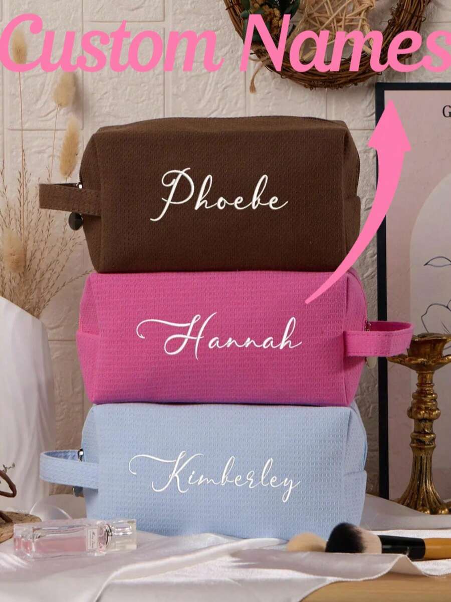 Waffle Embroidered Makeup Bag, Personalized Travel Toiletry Bag, Customizable Name, Letter Pattern Makeup Bag, Girls Travel Gift, Birthday Gift - Multicolor - View 1