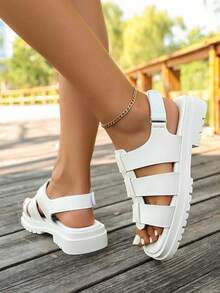 Women's Black Thick Sole Hook-And-Loop Sandals, Mid-Heel Casual Sport Walking Summer Chunky Heel Soft Bottom Versatile Wedge Roman Slide Sandals - White - View 9