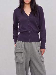 Women's Autumn/Winter Minimalist Elegant V-Neck Cardigan Knit Sweater Fall - Purple - View 5