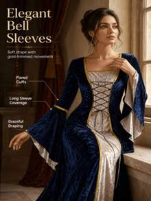 Halloween Cosplay Costume Witch Outfit Women Vampire Costume Ladies Medieval Queen Costume Gold Velvet Long Robe Long Sleeve Renaissance Dress Lace-Up Corset - Royal Blue - View 5