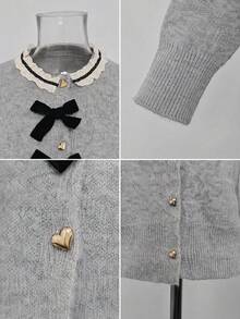 Korean Style Lace Trim Bow Single-Breasted Knit Cardigan Sweater For Women, Autumn/Winter Elegant Knitwear - Grey - View 10