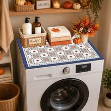 Luckybutterfly 1PC Vintage Moroccan Tile Washing Machine Top Mat, Non‑Slip Waterproof Washer Dryer Counter Protector Drain Pad, Mediterranean Laundry Room Decor - Multicolor - View 4