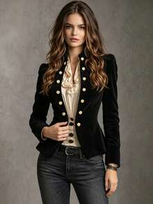 Women's New Fashion Elegant Double-Breasted Design Jacket, Spring/Autumn Solid Color Casual Outerwear - Black - View 4