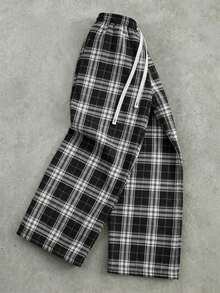 Men's Plaid Wide Leg Pants, Comfortable Fabric With Structured Fit, Large Front Pockets For Practical Storage, Natural Stacked Hem For Relaxed Vibe, Versatile For Any Shoe Style, Ideal For Couples Outings And Light Outdoor Activities - Grey - View 1