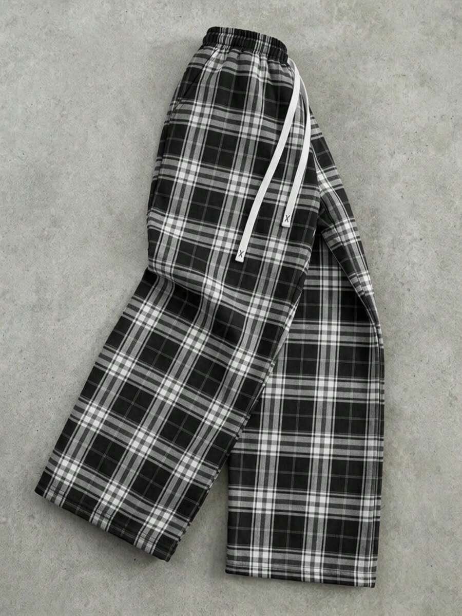 Men's Plaid Wide Leg Pants, Comfortable Fabric With Structured Fit, Large Front Pockets For Practical Storage, Natural Stacked Hem For Relaxed Vibe, Versatile For Any Shoe Style, Ideal For Couples Outings And Light Outdoor Activities - Grey - View 1