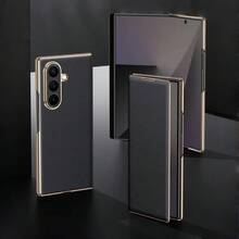 高級 PU 皮革磁吸自動吸附翻蓋手機殼,適用於 Galaxy Z Fold 8 Ultra、Fold 8、Fold 7、Fold 6、Fold 5,鍍金邊框全鏡頭保護防刮耐震保護殼 - 黑色 - 查看 11