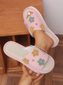 女款可愛刺繡花卉毛絨拖鞋，春夏秋適用，麻底，露趾，一腳蹬，透氣，室內居家拖鞋 - 粉色 - 查看 7