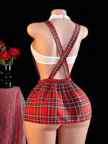 4-Piece Set Of Contrasting Color Plaid College-Style Cosplay Costume, Hollow-Out Strapless Dress, Sexy Thong And Tie - Red - View 6