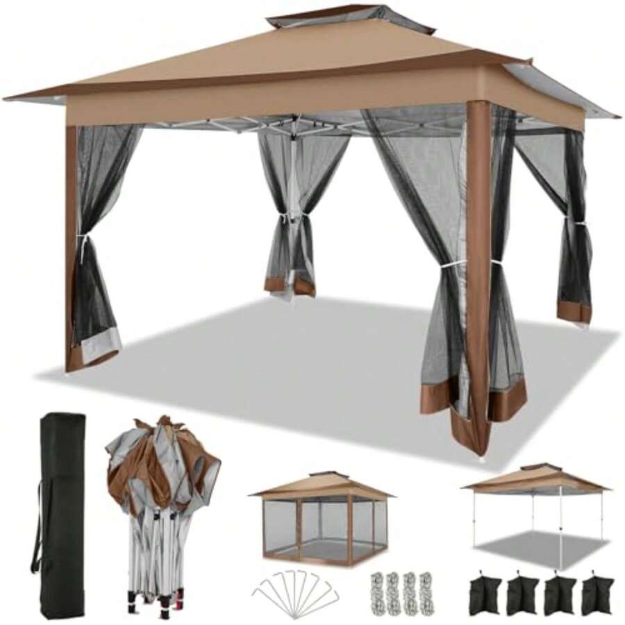 12x12 FT Pop Up Gazebo On Canopy Tent, Carpas Para Patio, Easy Up Outdoor Canopy Tents With Portable Storage Bag For Backyard, Outdoor Waterproof Gazebos For Garden, Camping, Brown - Black - View 1