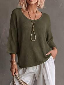Women's Casual Fashion Round Neck Short Sleeve Knit Tank Top Solid Color Street Style Summer Vacation Set Autumn - Green - View 2