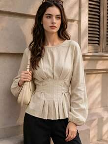 Women's Autumn Puff Long Sleeve Ruffle Blouse, Round Neck Pleated Back Tie Cinched Waist Cinched Shirt Top - Khaki - View 8