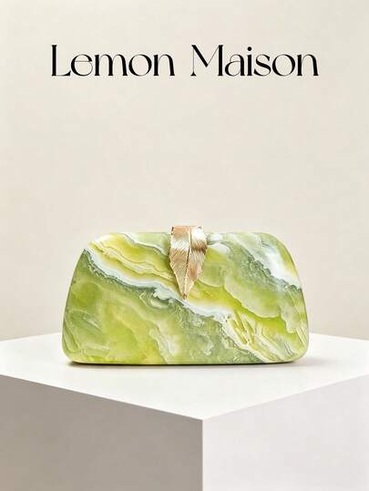 1pc Fresh Yellow-Green Marble Pattern Hard Shell Evening Clutch, Exquisite Gold Leaf Lock Design, Premium Box Bag, Versatile Crossbody Small Bag For Wedding, Party, Banquet, Commute
