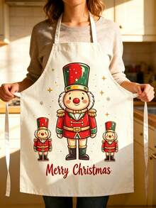 1pc Christmas Print Kitchen Apron, Santa Claus & Nutcracker Pattern Sleeveless Cooking Apron, Red Plaid Hem Waterproof Oil-Proof, Christmas Home Kitchen Decor Gift - Multicolor - View 4