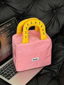 Cute Preppy Style Polyester Square Insulated Lunch Bag, Digital Number Padded Handle, Front Patch Pocket, Zipper Closure Thermal Cooler Pouch, Portable Food Storage Handbag, For Back‑To‑School Office Picnic Daily Outdoor Use - Multicolor - View 13