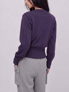 Women's Autumn/Winter Minimalist Elegant V-Neck Cardigan Knit Sweater Fall - Purple - View 2