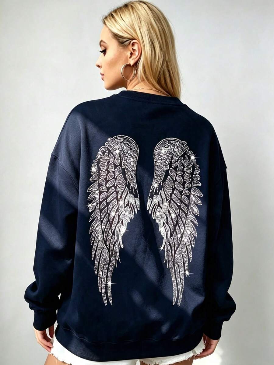 Women's Oversized Angel Wings Print Hoodie - Black Y2K Back Graphic Pullover, Fall Winter Streetwear , Comfy Oversized Silhouette2026 - 藏青色2 - 查看 1