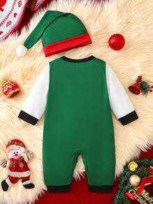 Christmas Newborn Baby Boy & Girl Cute Cartoon Green Plaid Print Long Sleeve Infant Romper + Hat 2 Pieces Set, Spring & Autumn - Green - View 3