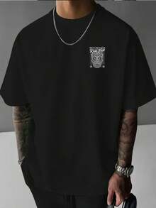 High-Weight Pure Cotton T-Shirt With A Round Neck, Creative Skull Print With Lettering On The Front And Back, Fashion Item. J2D6 - 黑色 - 查看 2