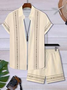 Men's Casual Diamond Geometric Pattern Short-Sleeve Shirt + Drawstring Sport Pocket Shorts Set, Suitable For Hawaiian Vacation Beach Style - Multicolor 2 - View 3