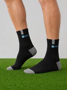 5 Pairs Men Color Block SPORT Logo Mid Calf Athletic Socks, Ribbed Non Slip Cuff, Soft Breathable Sweat Wicking Sports Socks For Running, Fitness - Multicolor - View 3