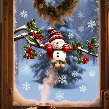 2D Flat Style, 1pc 2D Peeking Plaid Snowman Static Cling Window Sticker, Glue-Free Double-Sided Snowy Winter Holly Berry Branch Snowflake Decal, Reusable PVC Winter Christmas Glass Sticker, Suitable For Home, Cafe, Store Holiday Window Decoration - A - View 3