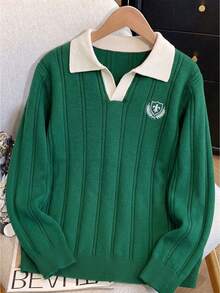 Teen Girls Colorblock Polo Collar Loose Knit Sweater Autumn Collegiate Style Badge Embroidery - Green - View 1