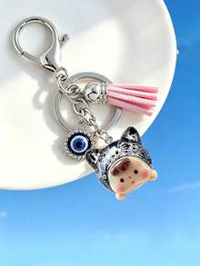 1pc Evil Eye Tassel 3D Glitter Cat Head Phone Charm Resin Phone Pendant Keychain Bag Accessory - Keychain - View 1