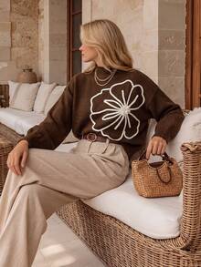 Pull femme en maille de laine à col montant, manches longues, broderie florale 3D, coupe ample, décontracté, chaud pour l'automne/hiver - Tabac - Voir 1