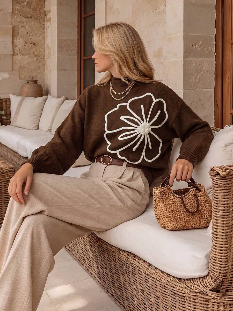 Pull femme en maille de laine à col montant, manches longues, broderie florale 3D, coupe ample, décontracté, chaud pour l'automne/hiver - Tabac - Voir 1