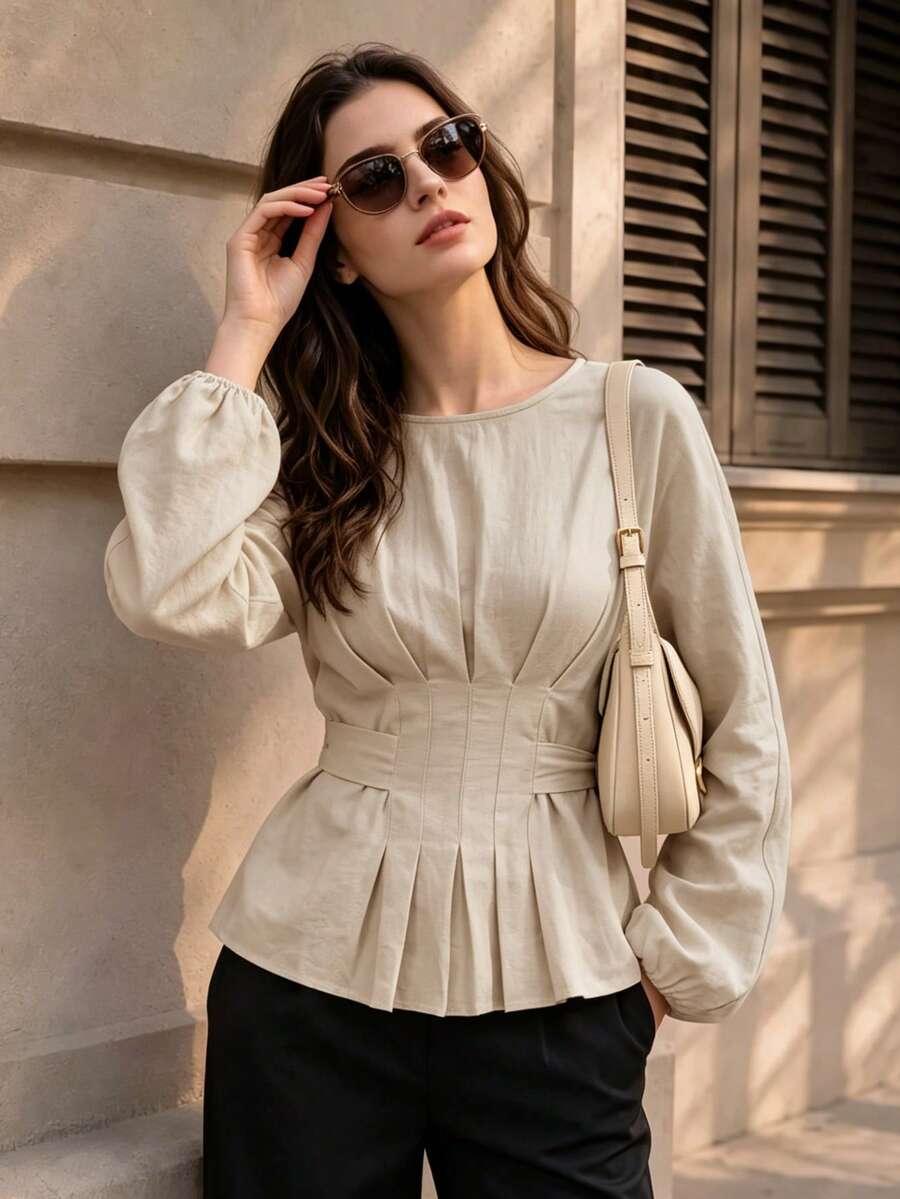 Women's Autumn Puff Long Sleeve Ruffle Blouse, Round Neck Pleated Back Tie Cinched Waist Cinched Shirt Top - Khaki - View 1