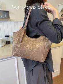 Túi tote họa tiết hoa mai phong cách tối giản, dung tích lớn, đựng được sách và laptop, dây đeo vai điều chỉnh độ dài, khóa kéo, phong cách Trung Hoa mới đầy nghệ thuật, túi đeo vai dùng hàng ngày đi học, đi làm, đi làm, du lịch ngoài trời - Màu Khaki - Xem 3