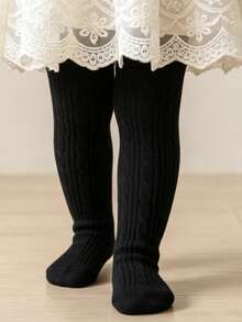 1 Pair Twisted Cable Fine Vertical Striped Candy Color Girls Tights, Solid Color Kids Socks For All Seasons, Double Needle Girls Tights - Black - View 2