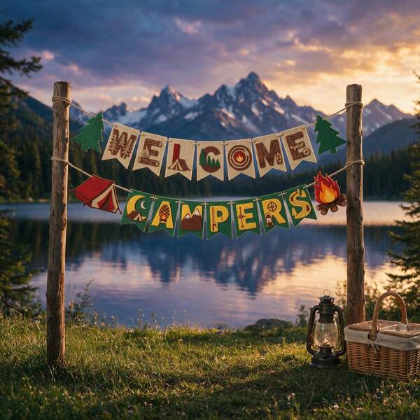 Biển chào mừng Welcome Campers bằng nỉ 2D - Trang trí tiệc sinh nhật/tiệc độc thân chủ đề cắm trại, trang trí tiệc ngày cắm trại gia đình, trang trí phiêu lưu rừng xanh màu cam kim tuyến