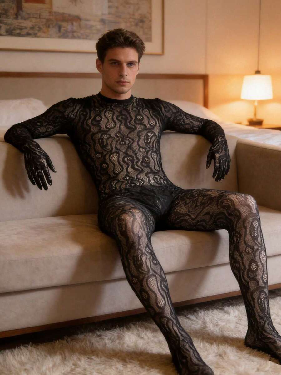 Men's Sexy Fishnet Leopard Print Lingerie Jumpsuit Hollow Out See-Through Seductive - Black - View 1