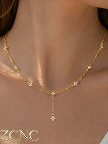 1pc 14k Gold Plated Women's Minimalist Luxury Elegant Crystal Four-Leaf Flower Necklace, Gift For Girlfriend, Christmas, Thanksgiving - Necklace 3 - View 3