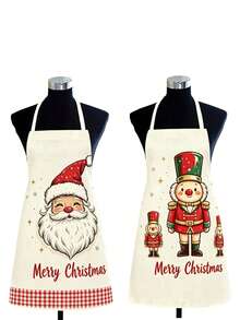 1pc Christmas Print Kitchen Apron, Santa Claus & Nutcracker Pattern Sleeveless Cooking Apron, Red Plaid Hem Waterproof Oil-Proof, Christmas Home Kitchen Decor Gift - Multicolor - View 11
