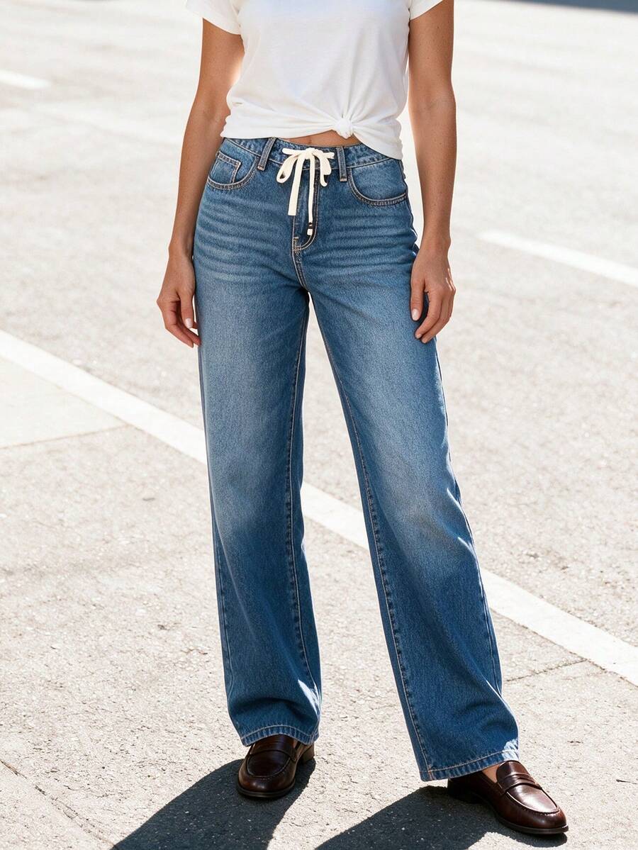 Casual Loose Drawstring Wide Leg Jeans For Women - Light Blue - View 1
