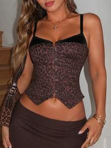 Y2K Leopard Print Fitted Corset Top, Contrast Color Camisole, Front Hook & Back Lace-Up, Women's Halloween Party & Going Out Top Summer - Brown Leopard Print - View 4