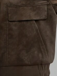 Women's Brown Faux Suede Loose Jacket, Stand Collar Zipper Utility Top, Vintage Street Coffee Style, Autumn/Winter Old Money Casual Jacket Fall - Brown - View 4