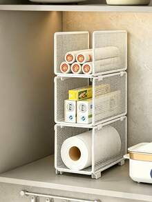 A Stackable Kitchen Storage Basket, Stackable Grid Layered Storage Rack, Vertical Stacking Cabinet Storage Basket, Kitchen Paper, Cling Film, Seasoning Bottle, Household Cabinet Storage And Organizing Accessories Combination Set - one-size - View 2