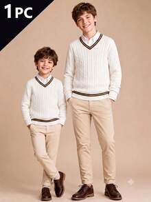 Boys V-Neck Long Sleeve Knitted Sweater With 3D Cable Knit And Color Block Stripes, Preppy Casual Versatile Pullover For School Daily Wear In Autumn/Winter - White - View 1