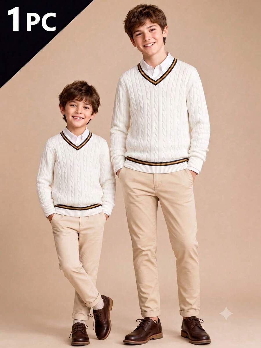 Boys V-Neck Long Sleeve Knitted Sweater With 3D Cable Knit And Color Block Stripes, Preppy Casual Versatile Pullover For School Daily Wear In Autumn/Winter - White - View 1
