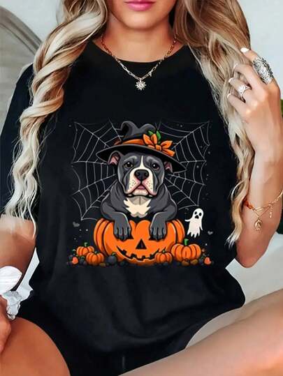 Camiseta Casual de Mujer Estilo Halloween, Diseño de Pitbull con Calabaza y Sombrero de Bruja, Ropa para el Festival de Otoño, Regalo para Amantes de Perros