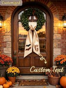 Custom Initial Wreath Decor Ribbon, Custom Initial Autumn Halloween Front Door Decor, Striped Satin Bow Autumn Halloween Front Door Decor, Farmhouse Style Autumn Home Decor, Farmhouse Style Thanksgiving Boxwood Wreath Ribbon - Multicolor - View 2