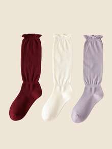 1/3 Pairs Anti-Slip Boneless Socks For Girls, Ankle-Length Red Rolled-Edge Slouch Socks, Cotton Solid Color Long Tube Socks, Korean Style - Multicolor - View 11