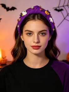 1 Stück Damen Halloween schweres Perlen- & Strass-Kürbis-Dekor verdrehter Haarreif - Violett - Übersicht 4