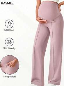 1pc Women's Maternity Pants, With Pockets, Elastic Waistband Doesn't Constrict Belly, Dual Pockets Convenient For Carrying Items - Mauve Purple - View 2
